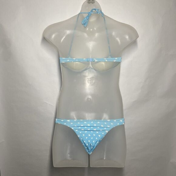 Agua Doce Bikini Brazilian 2-pc Women S Blue White Hearts Pink Bow Pleats Cheeky - Picture 7 of 12